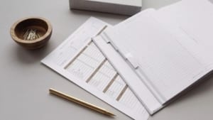 accounting ledger next to a wooden bowl of paperclips.